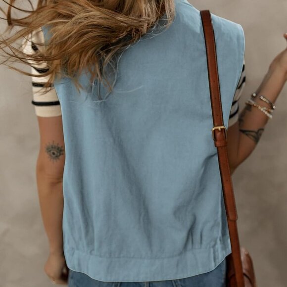 Womens Vests 2025 Fall Outerwear Button-Down Lapel Collar Elastic Hem Sleeveless - Picture 4 of 5